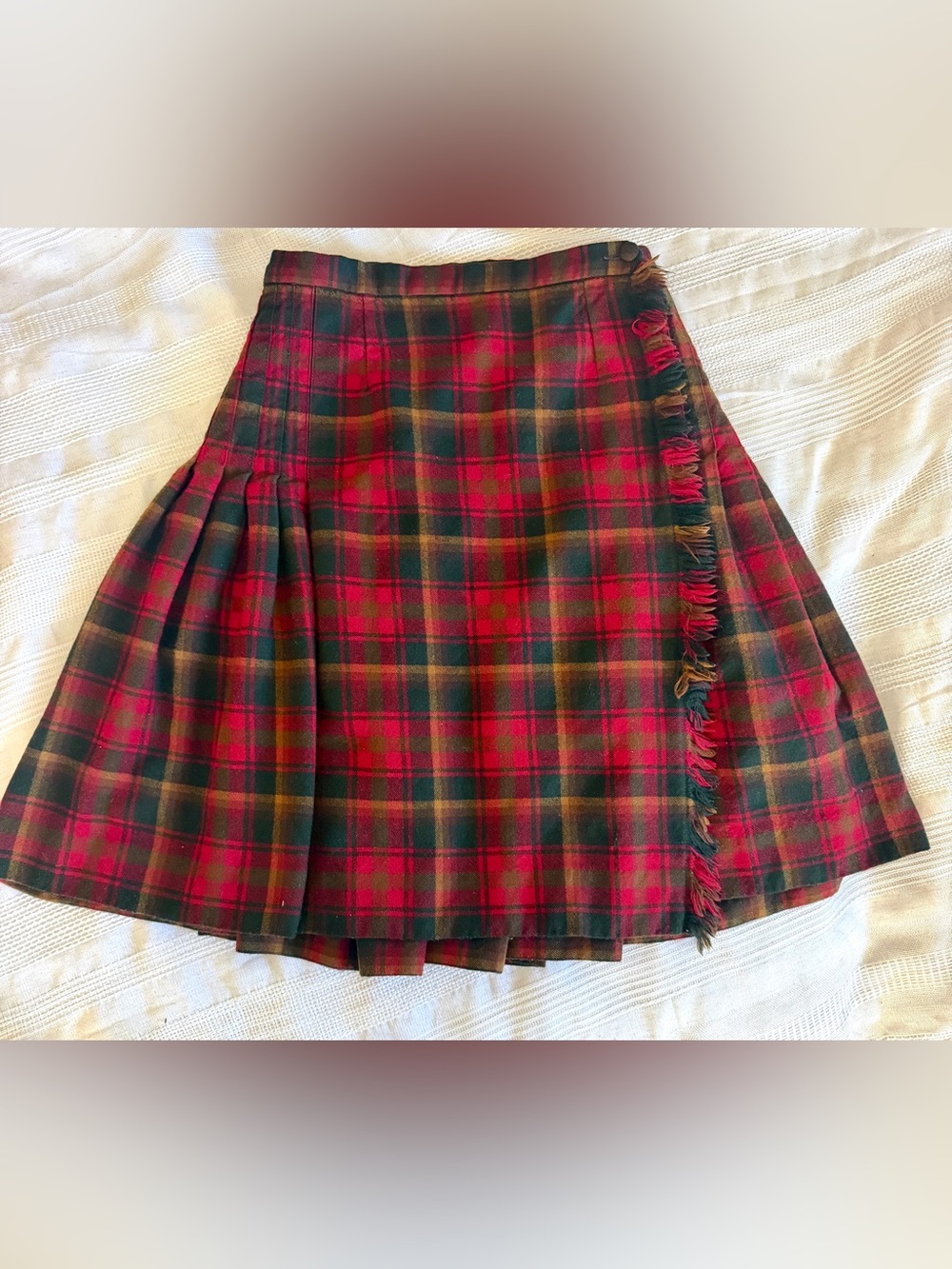 Vintage Highland Queen Wool Tartan Kilt Skirt Pleated Fringe 100% virgin wool